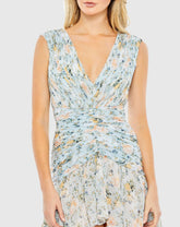 Blue Floral Print Ruched Cap Sleeve High Low Gown